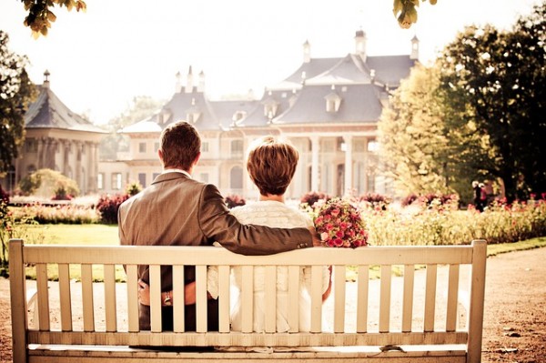 Couple Bride Love Wedding Bench Rest