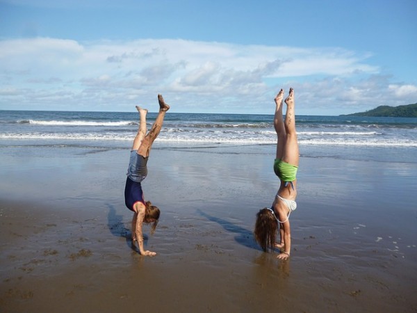 Girls Acrobat Acrobatics Exercise Beach Sand